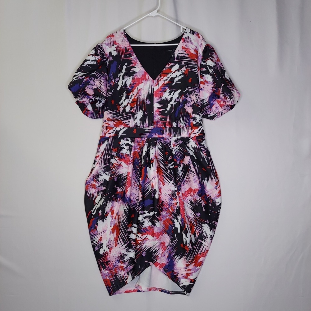 Ashley Stewart Dress 18/20 Tulip Scuba Stretch Short Puff Sleeve V-Neck Sheath